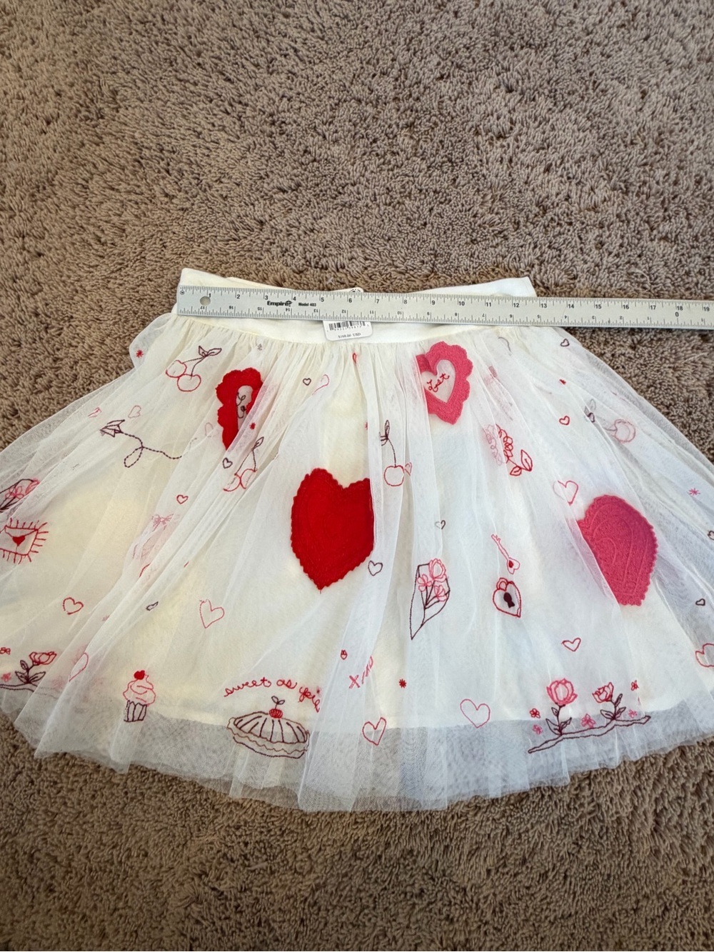 NWT XS free people sketchbook skirt White Tulle Pink red Hearts love embroidered - Picture 16 of 17